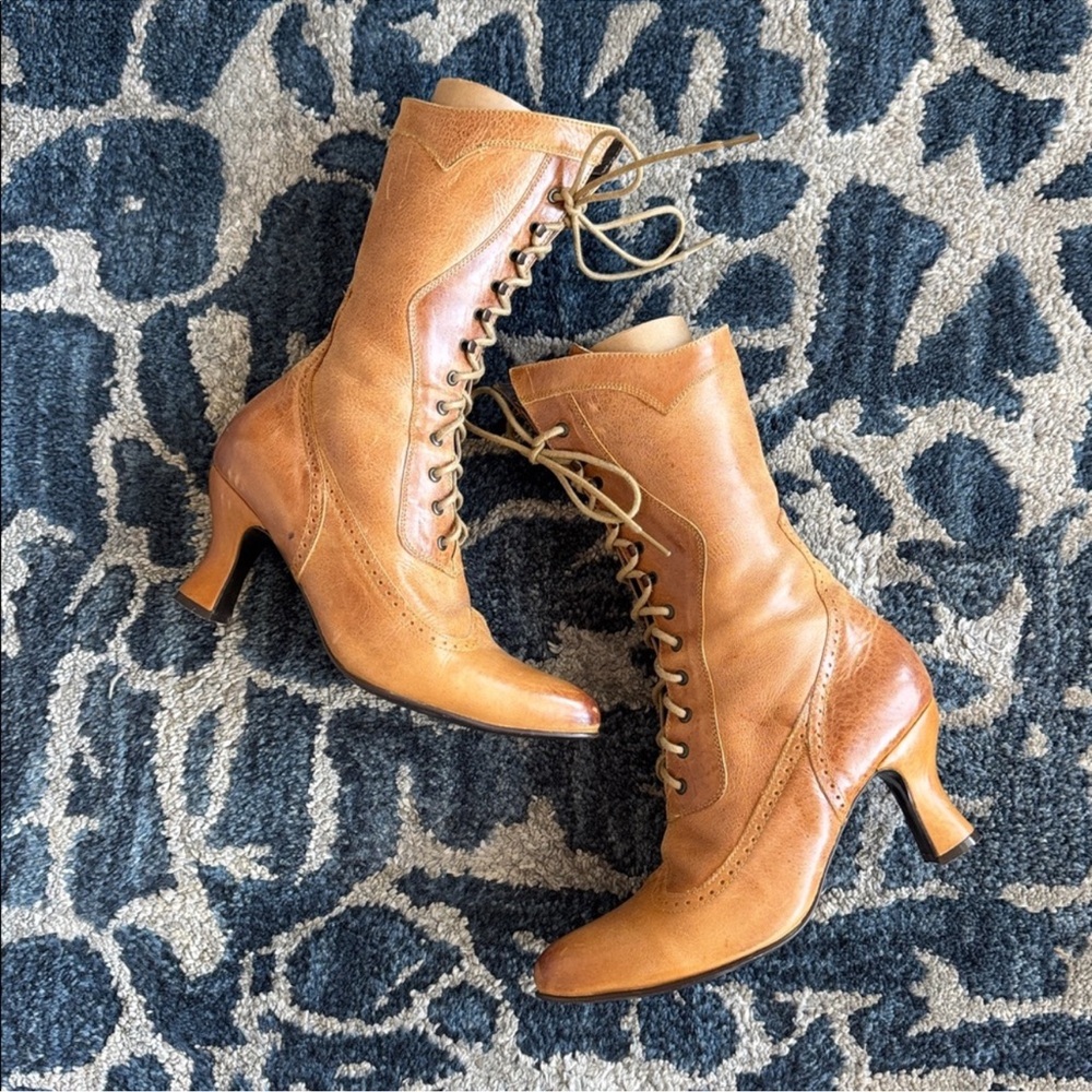Oak Tree Farms Jasmine Leather Lace up Mid Calf Heeled Boots Sz 8.5 Brown Tan - Picture 10 of 13